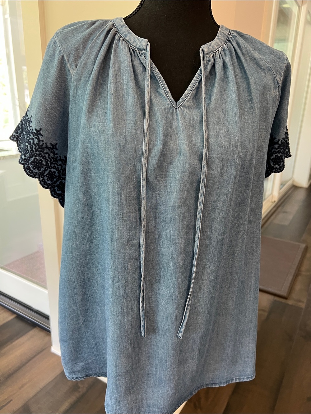 Nanette Lepore Light Blue Denim-Look Tunic with Navy Lace Sleeves